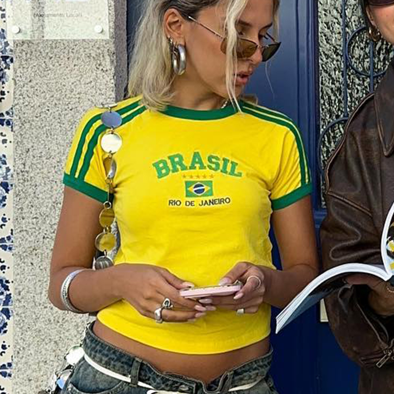 Yellow Summer Clothing - Camiseta corta ajustada amarilla con estampado