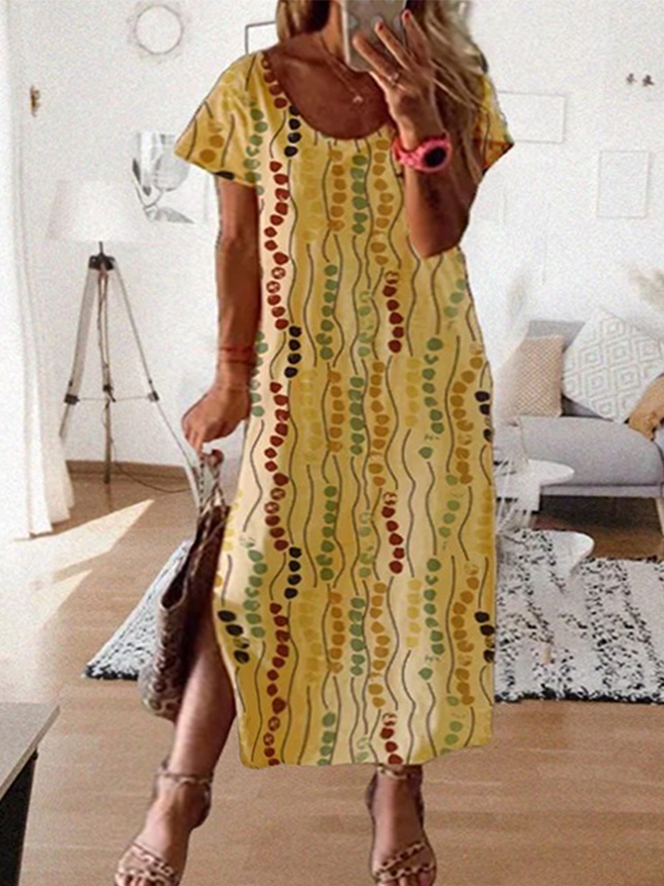 Yellow Summer Clothing - Vestido midi estampado amarillo de talla